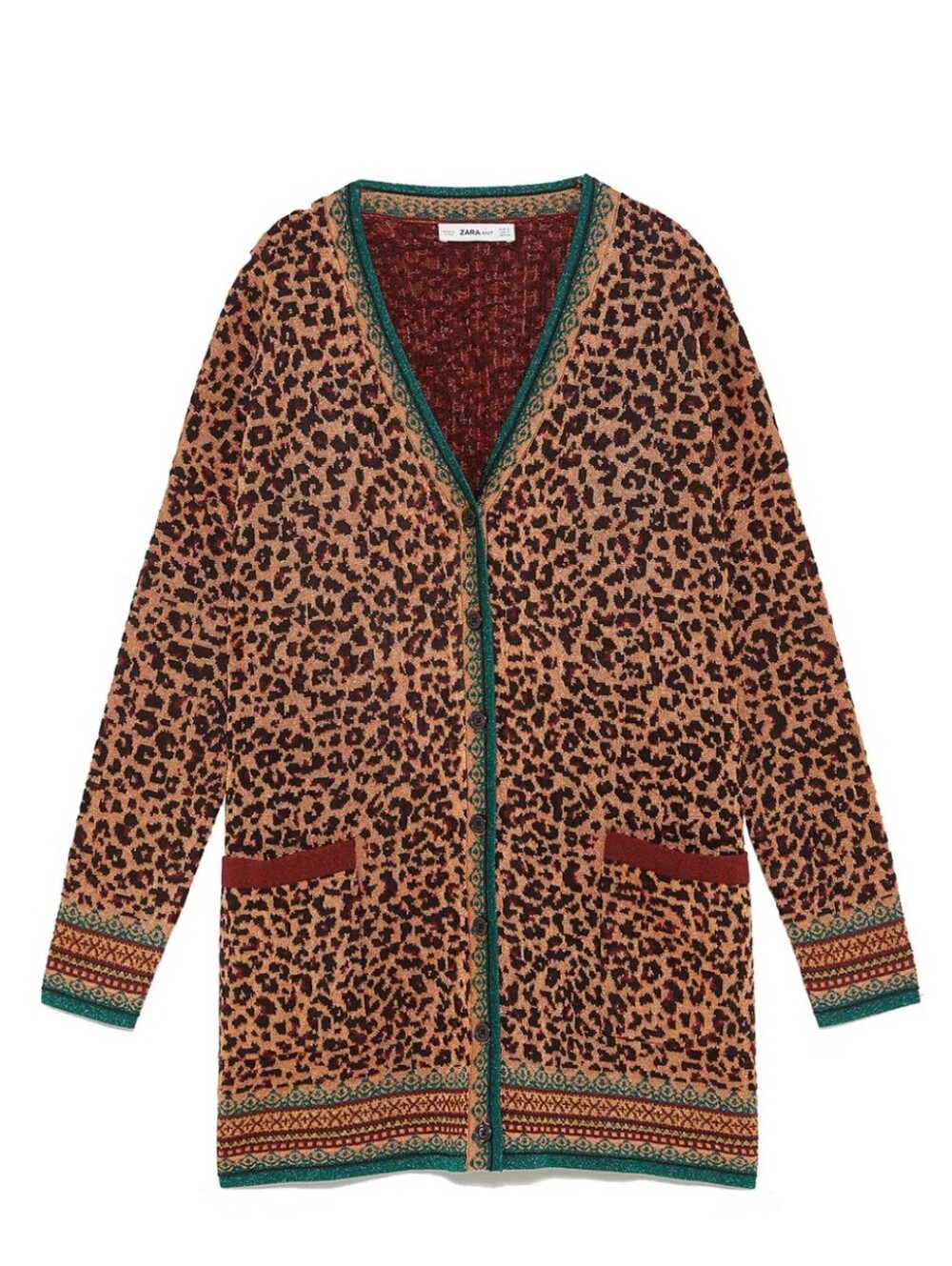 Zara Knit Leopard Metallic Red Green Button Down Sweater Oversized